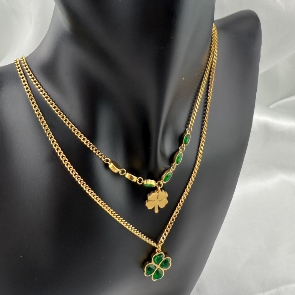 New Luxury Anthropologie Stainless Steel Gold and Green Clover Necklace Set